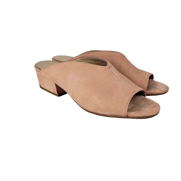 Eileen Fisher Katniss Peep Toe Mules Nude Nubuck Leather Block Heel Size 8.5 - Picture 1 of 10